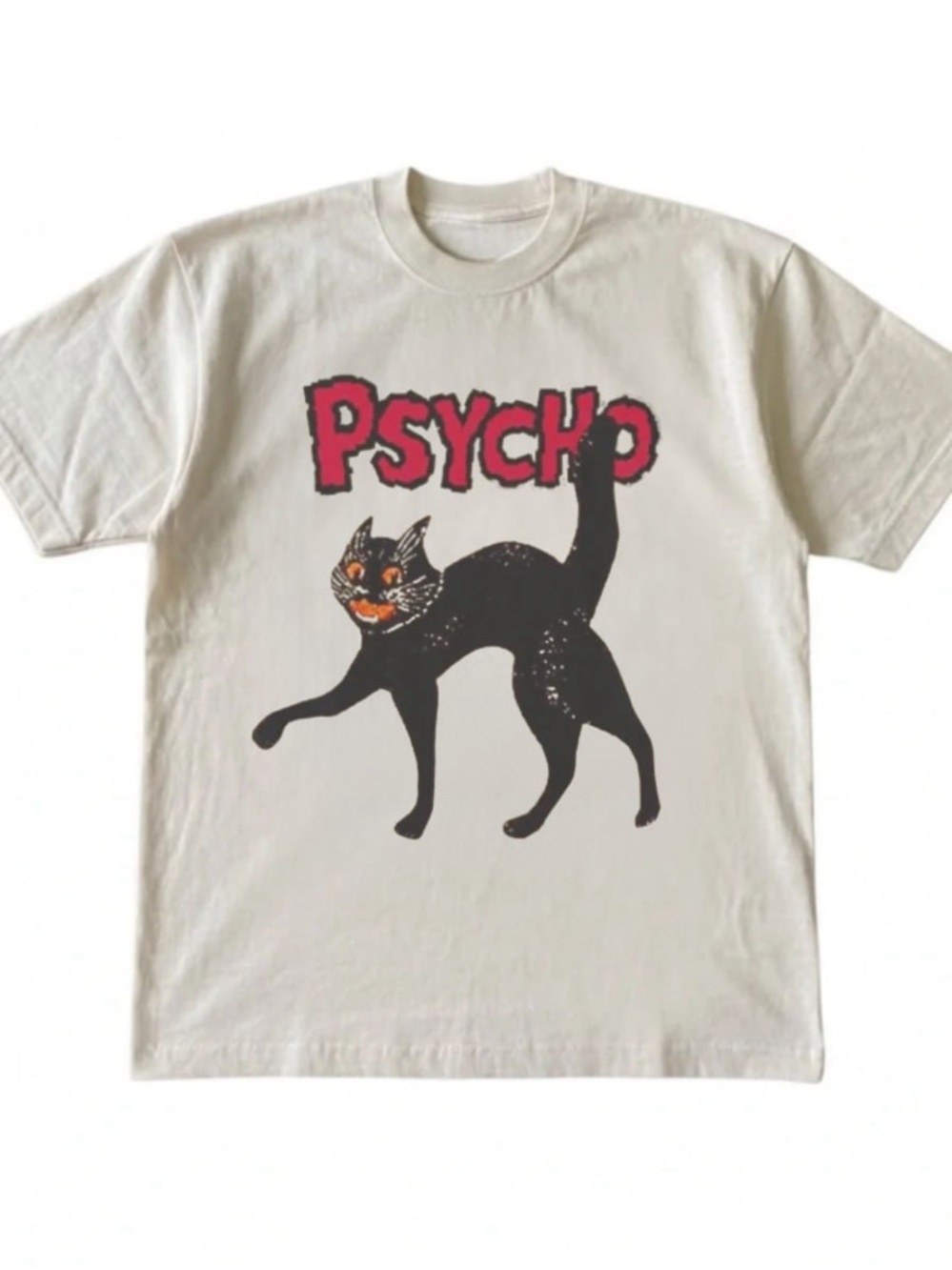 Unbranded Cream 'Psycho' Black Cat Graphic Tee